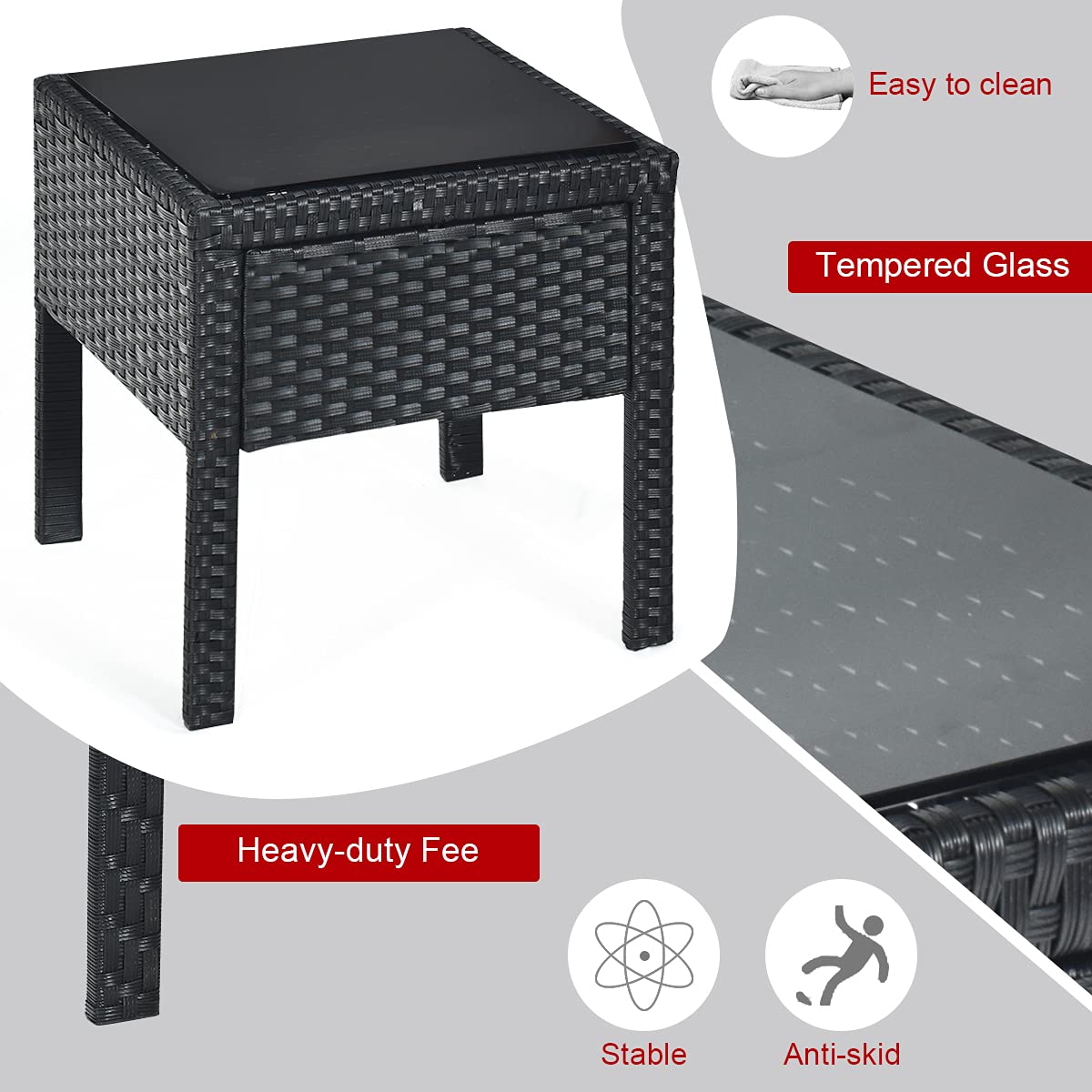 Black 3-Piece Wicker Outdoor Patio Conversation Set with Red Cushions
