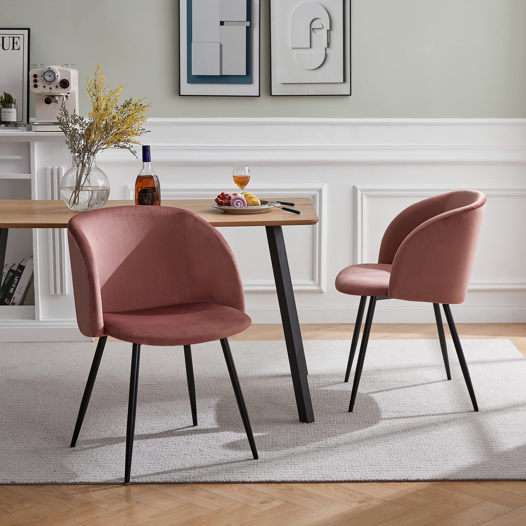 SUGIFT 2pc Rose Pink Upholstered teddy faux fur dining chairs