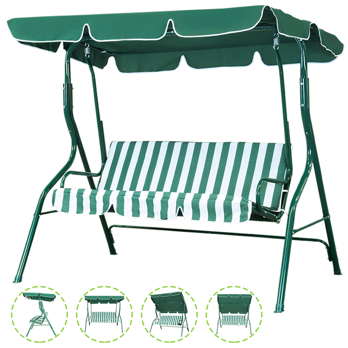 SUGIFT 3-Person Porch Swing with Cushion and Adjustable Tilt Canopy in Green