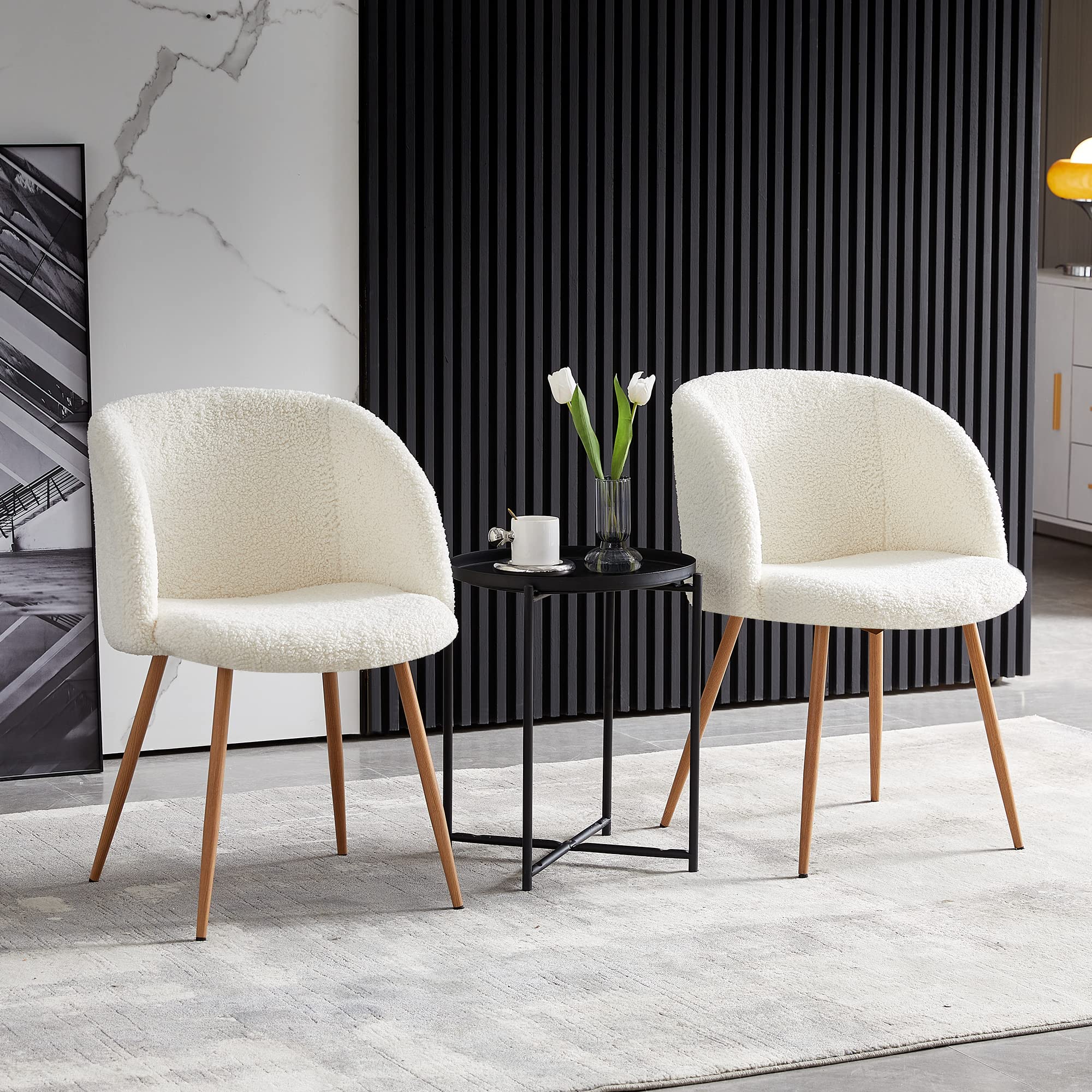SUGIFT 2pc Off White Upholstered teddy faux fur dining chairs