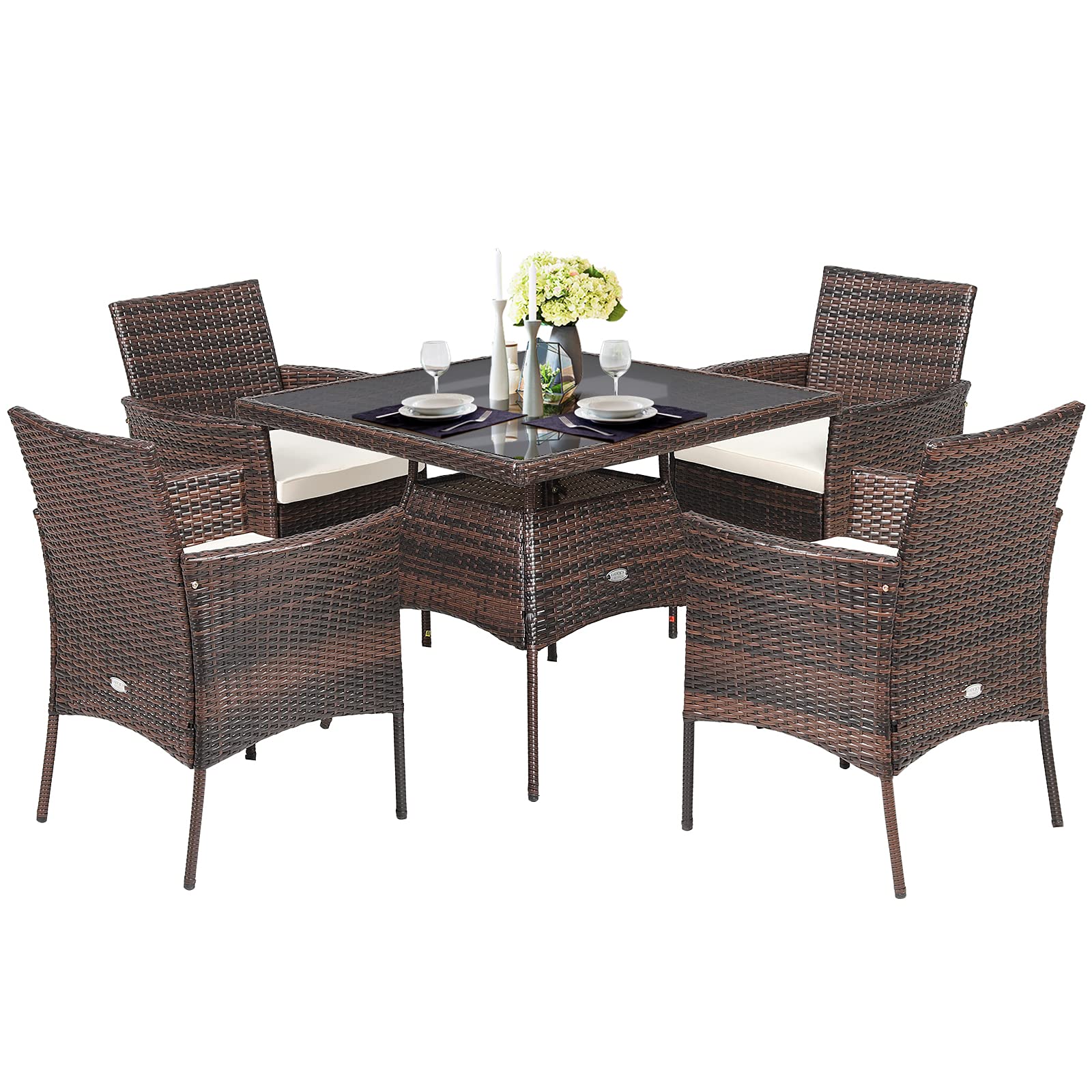 Brown 5-Piece Wicker Square Outdoor Dining Set with White Cushion and Arm Chair