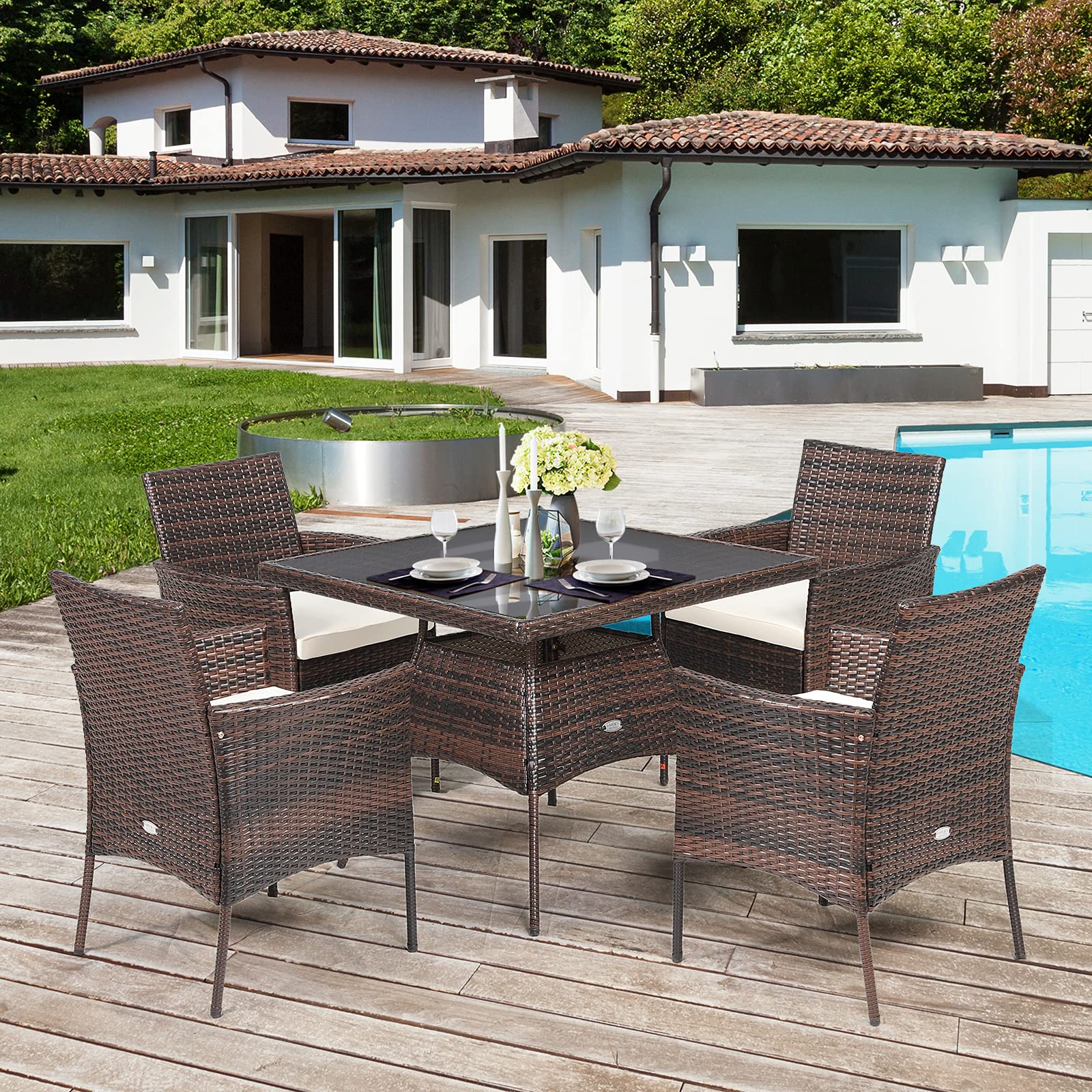 Brown 5-Piece Wicker Square Outdoor Dining Set with White Cushion and Arm Chair