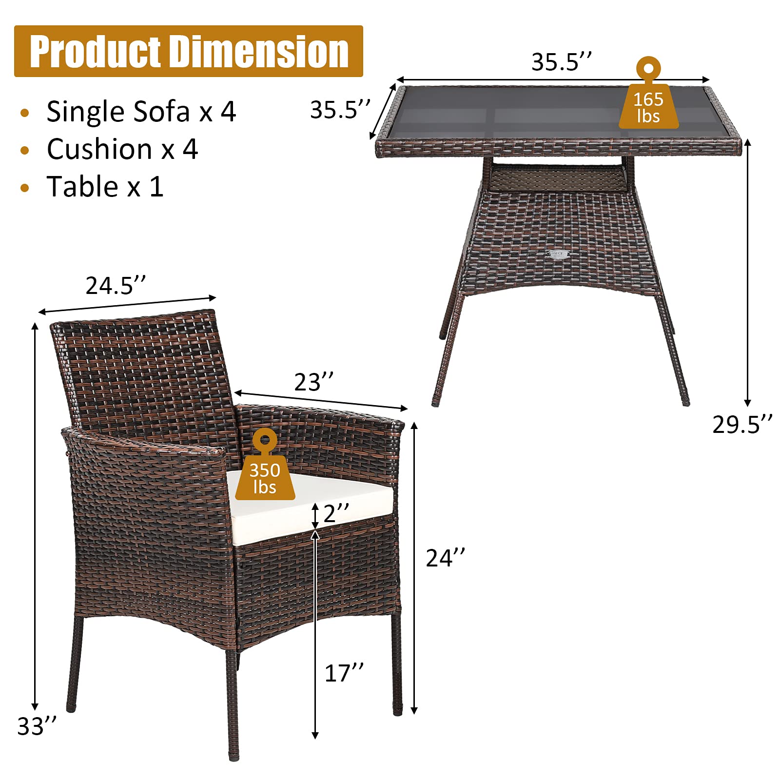 Brown 5-Piece Wicker Square Outdoor Dining Set with White Cushion and Arm Chair