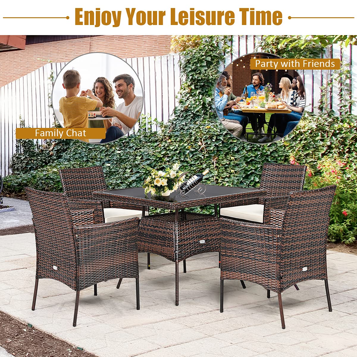 Brown 5-Piece Wicker Square Outdoor Dining Set with White Cushion and Arm Chair