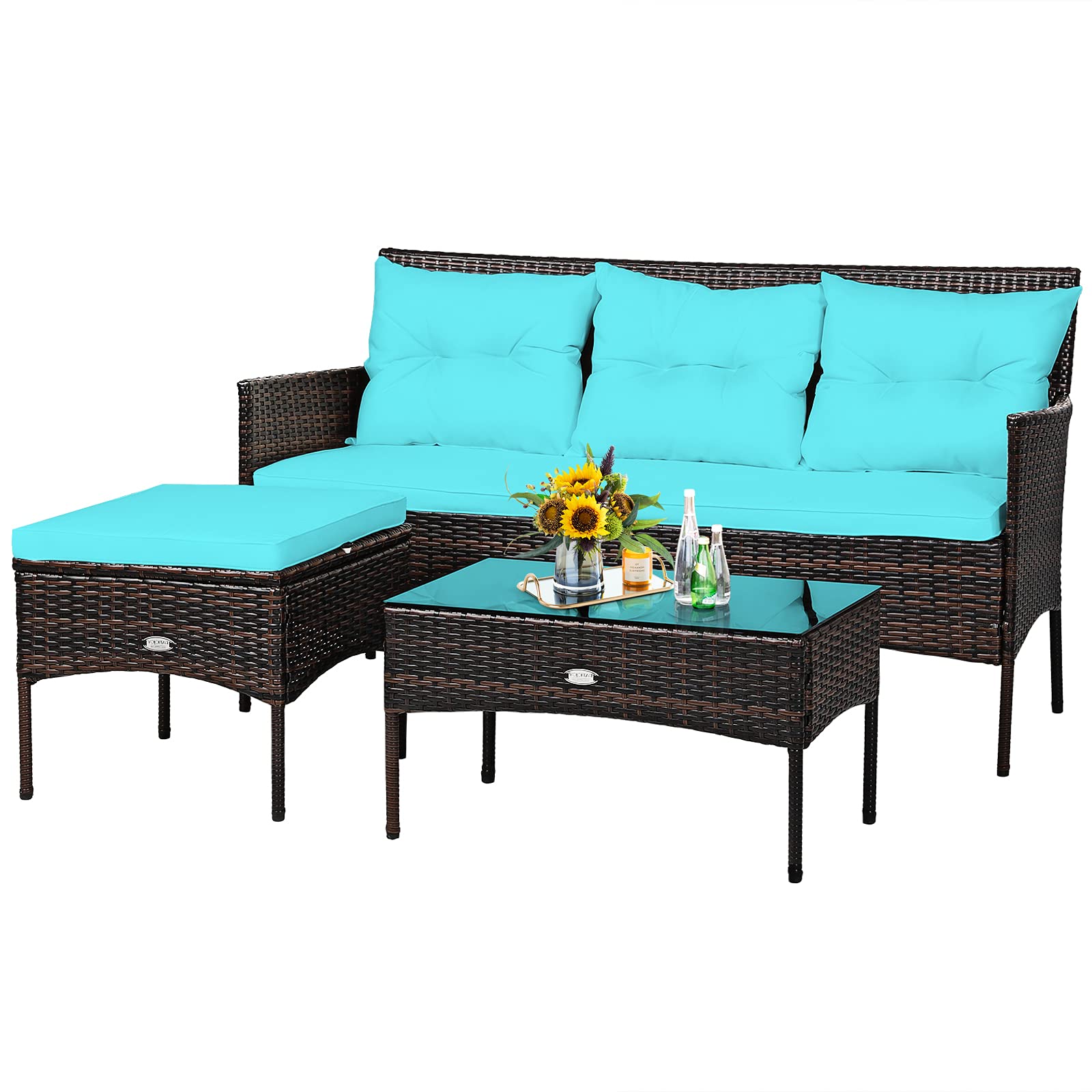 Brown 3-Piece Wicker Outdoor Patio Sectional Sofa Seating Set with Turquoise Cushions