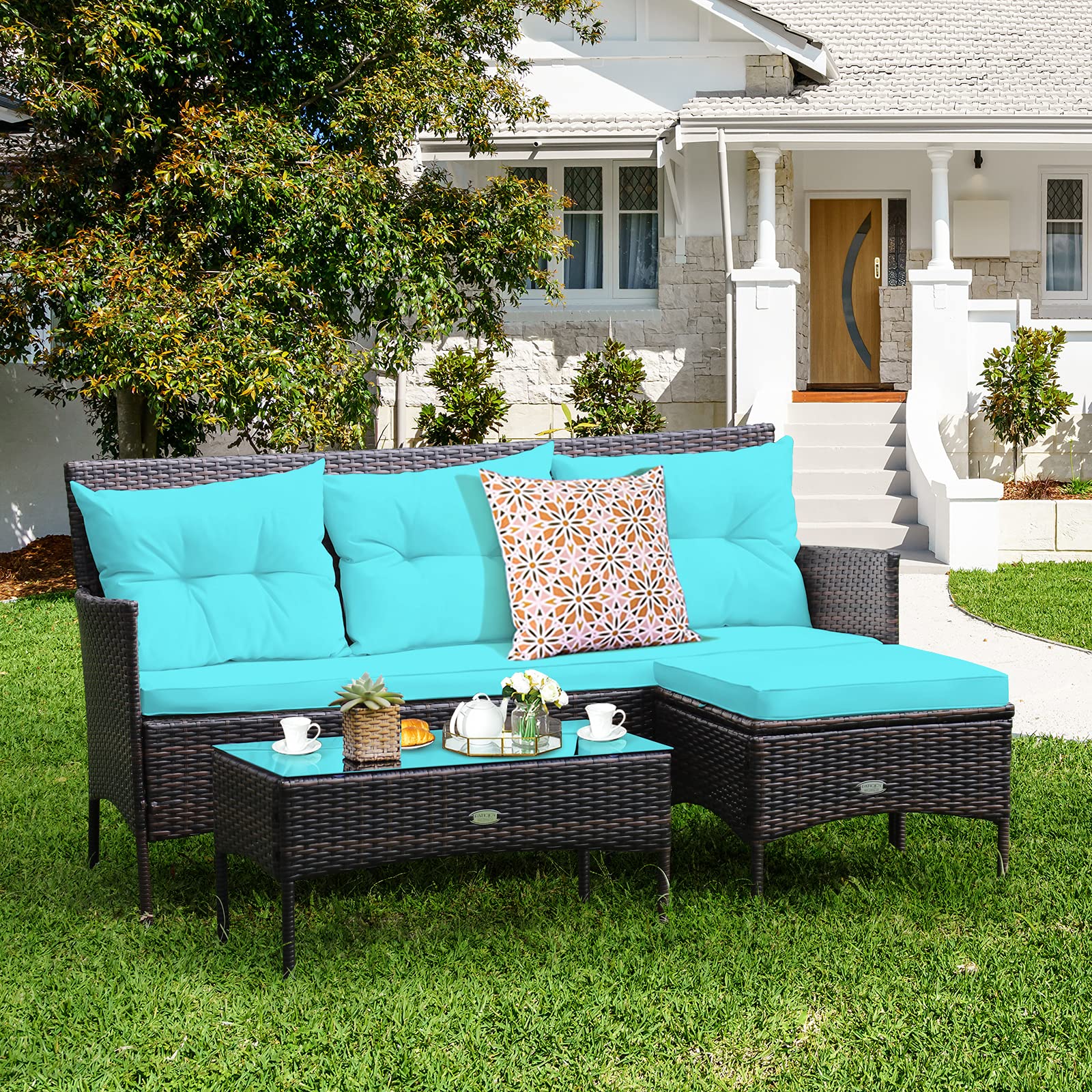 Brown 3-Piece Wicker Outdoor Patio Sectional Sofa Seating Set with Turquoise Cushions