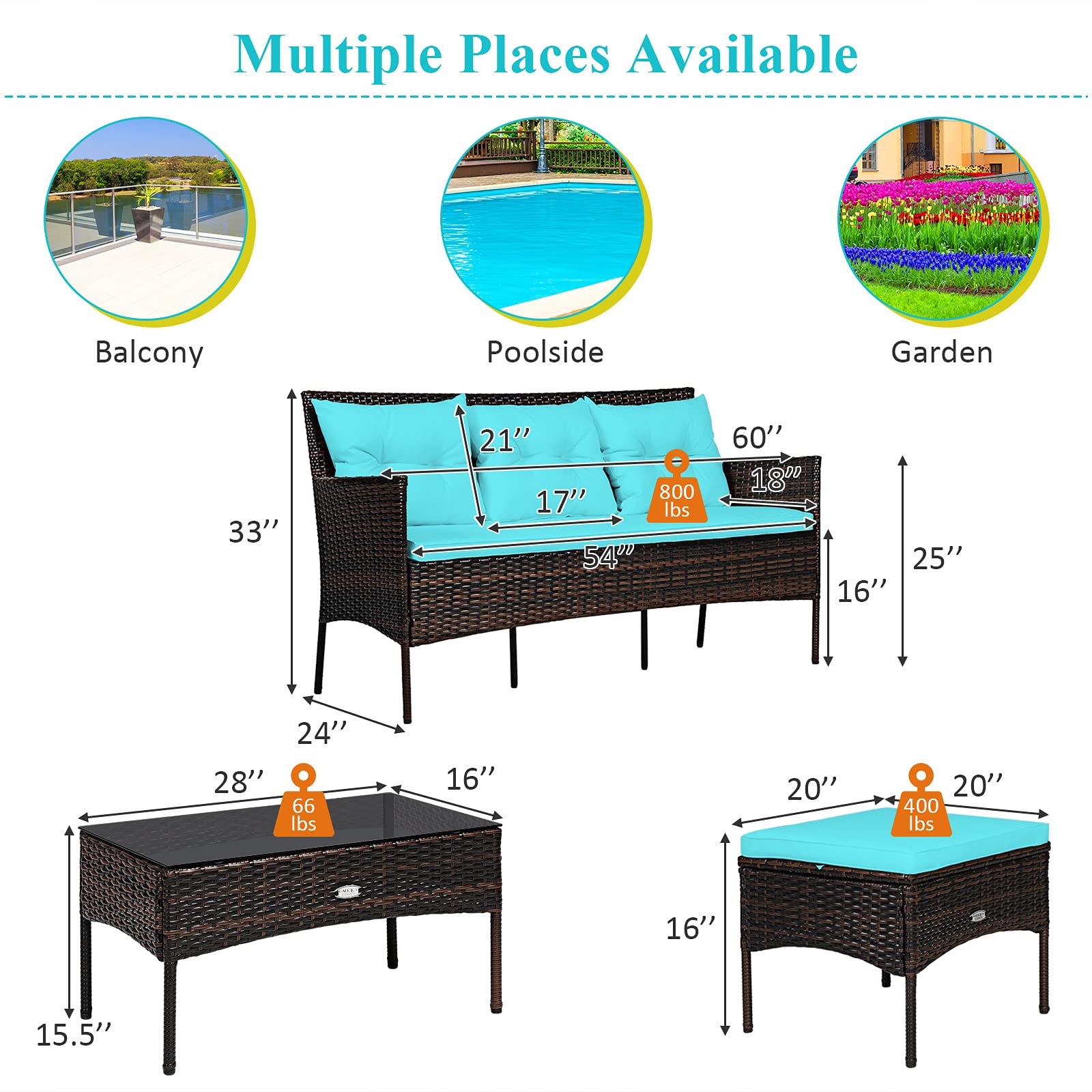 Brown 3-Piece Wicker Outdoor Patio Sectional Sofa Seating Set with Turquoise Cushions