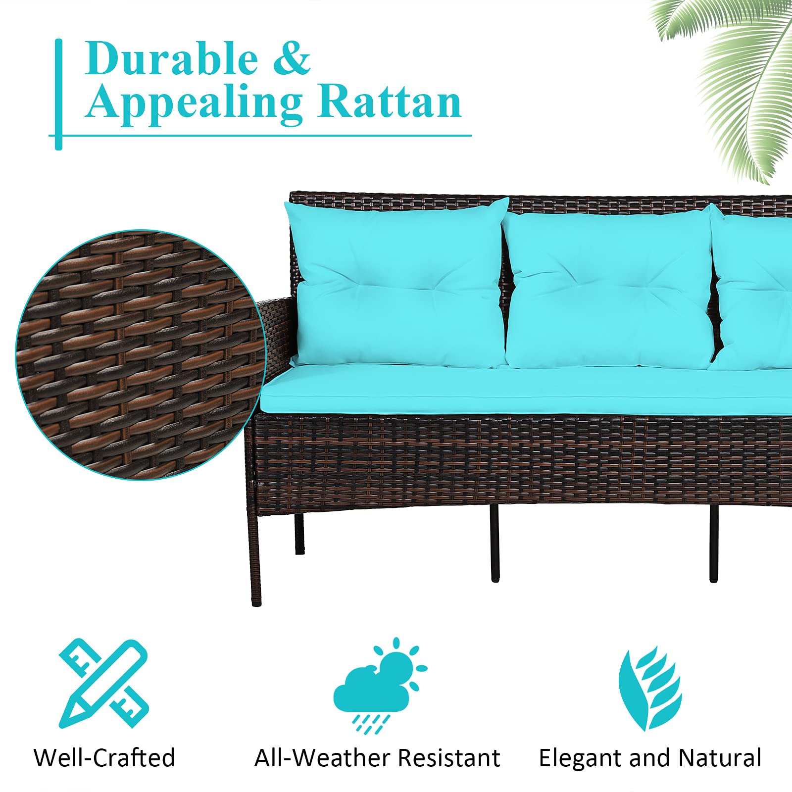 Brown 3-Piece Wicker Outdoor Patio Sectional Sofa Seating Set with Turquoise Cushions
