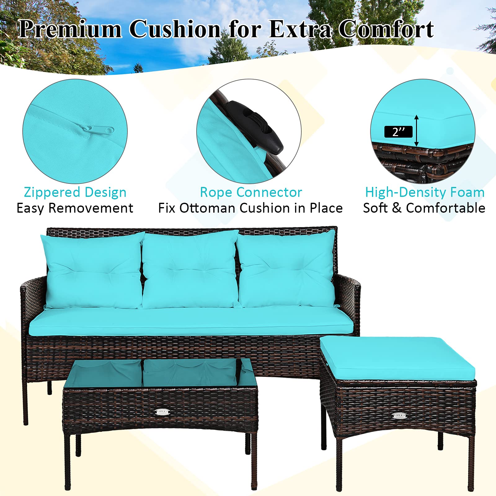 Brown 3-Piece Wicker Outdoor Patio Sectional Sofa Seating Set with Turquoise Cushions
