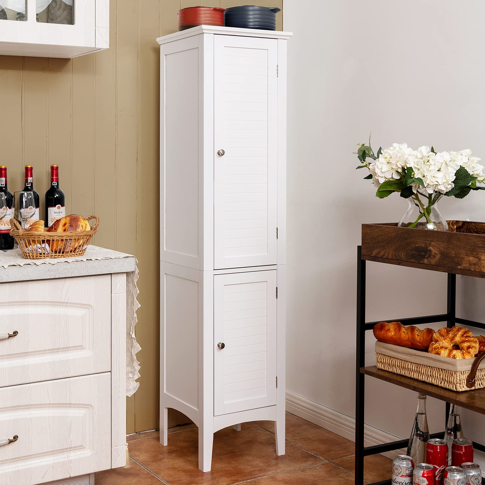 14.5 in. W x 14.5 in. D x 63 in. H White Freestanding Bathroom Storage Linen Cabinet