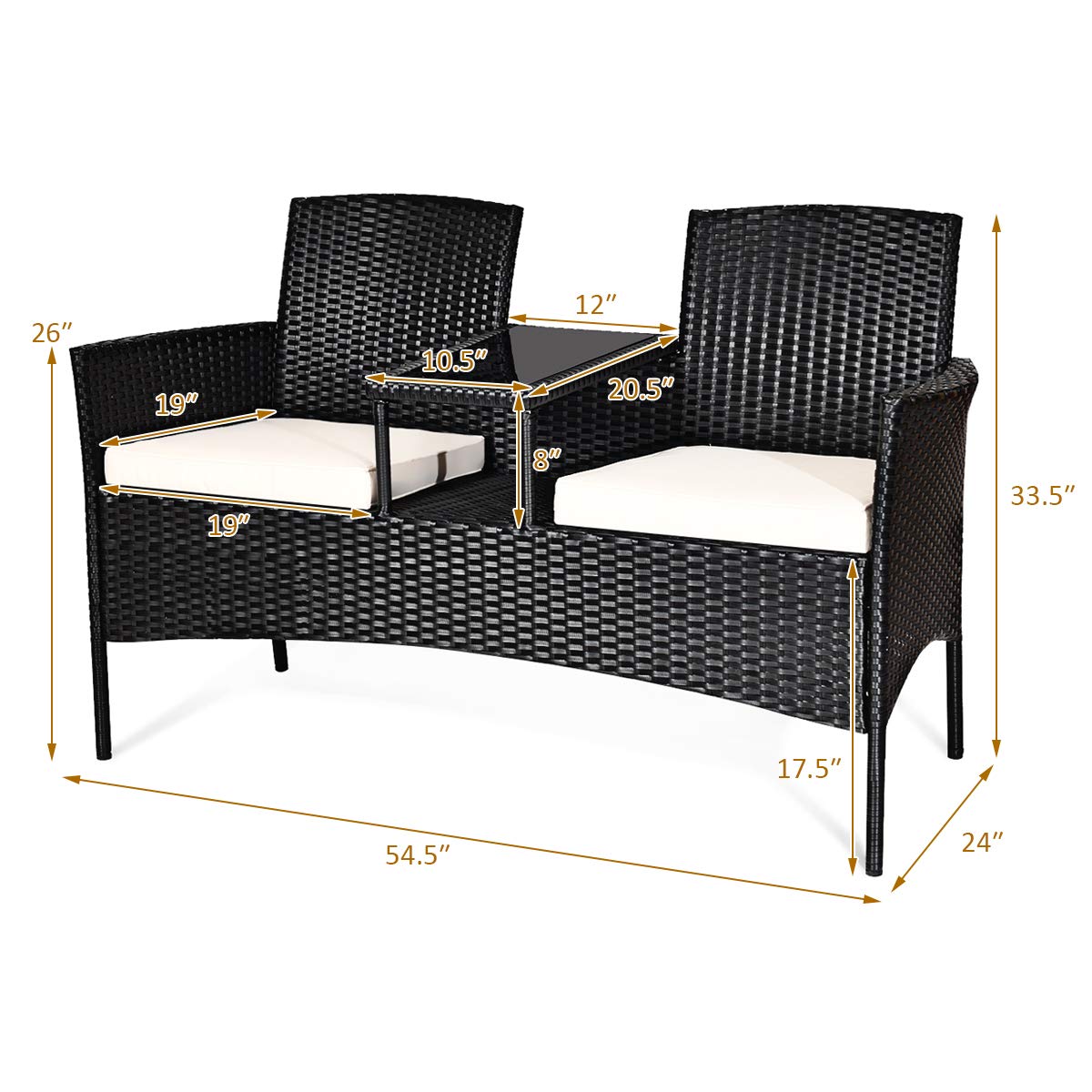 Black Wicker Outdoor Loveseat with White Cushions and Center Tea Table