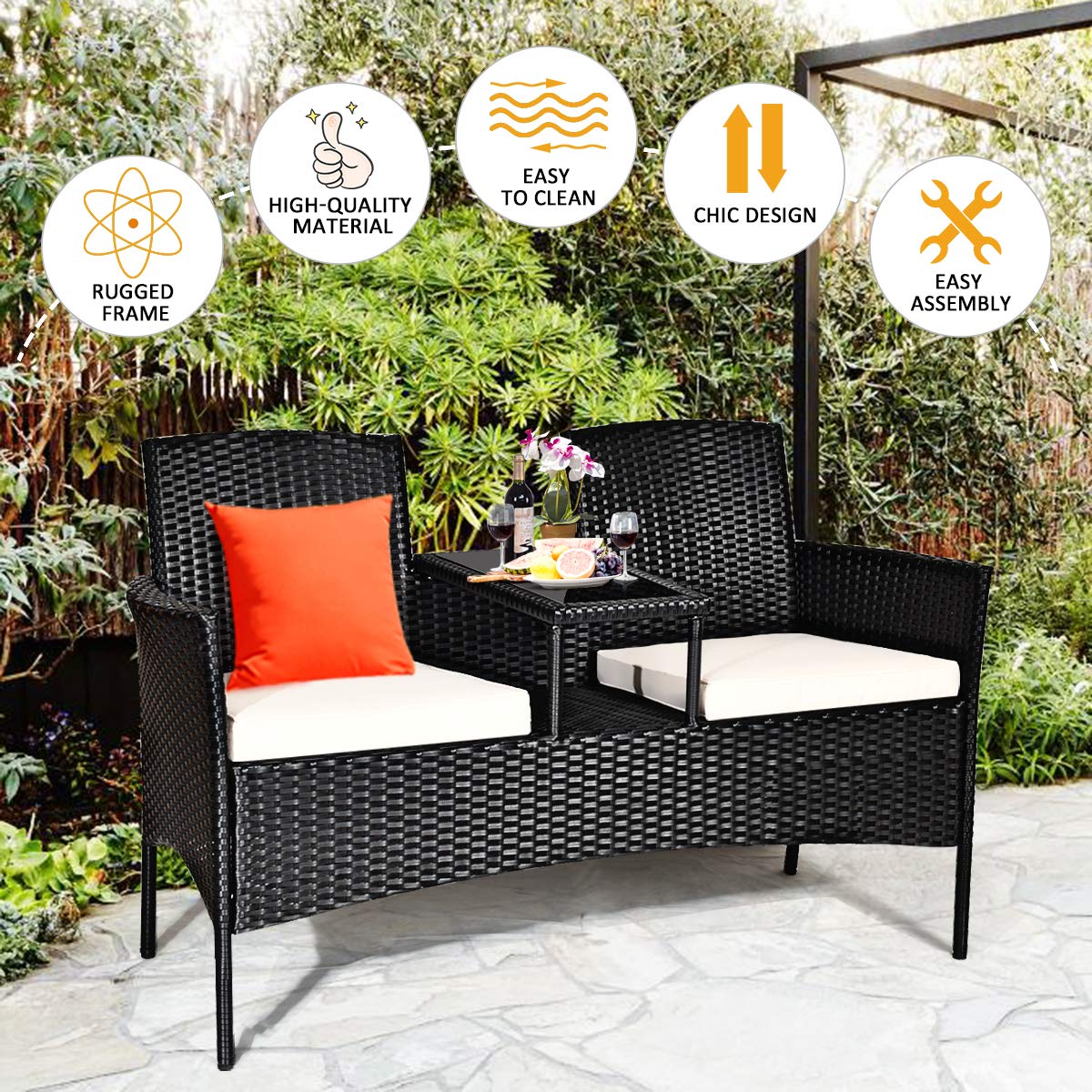Black Wicker Outdoor Loveseat with White Cushions and Center Tea Table