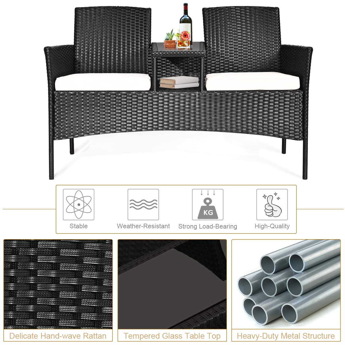 Black Wicker Outdoor Loveseat with White Cushions and Center Tea Table