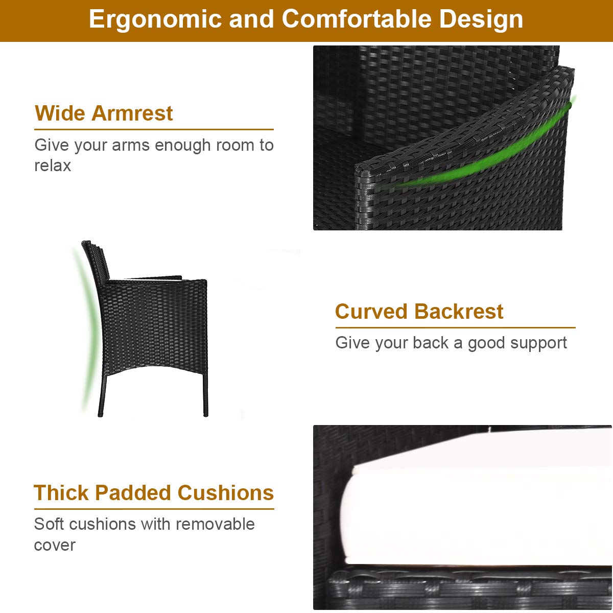 Black Wicker Outdoor Loveseat with White Cushions and Center Tea Table