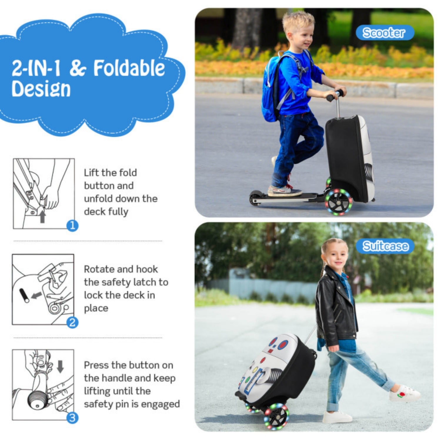 SUGIFT Hardshell Ride-on Suitcase Scooter with LED Flashing Wheels,White