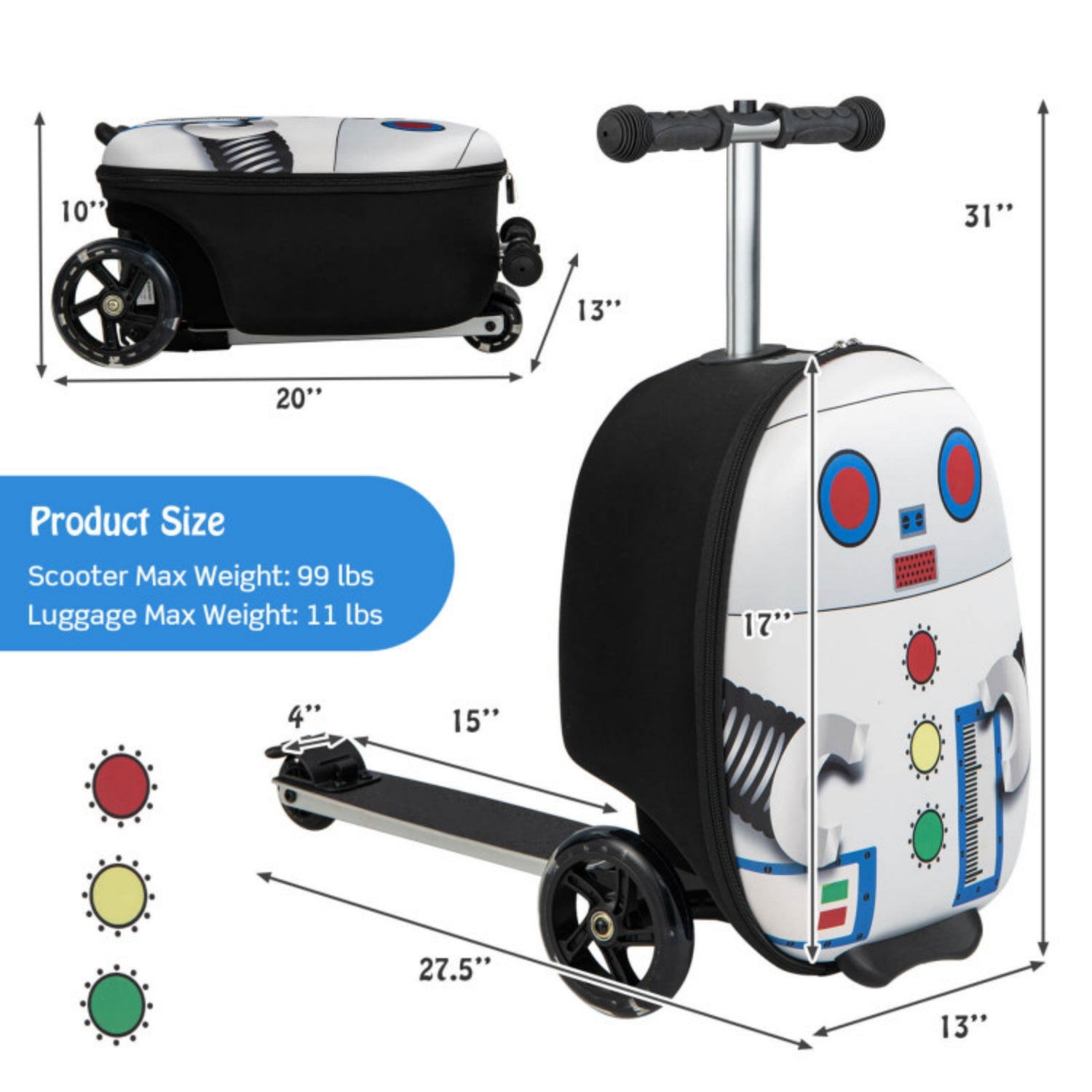 SUGIFT Hardshell Ride-on Suitcase Scooter with LED Flashing Wheels,White