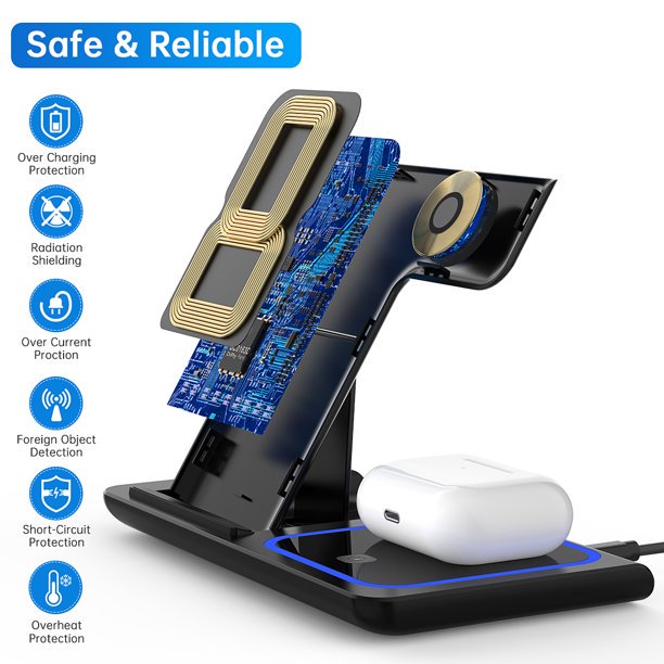 SUGIFT 3 in 1 Wireless Charger, 18W Qi-Certified Fast Charger Pad Stand Charging Station Dock for iWatch Series SE 6/5/4/3 Airpods for iPhone 14/13/12 /11/Pro Max/12 Mini /XR Max 8 Plus