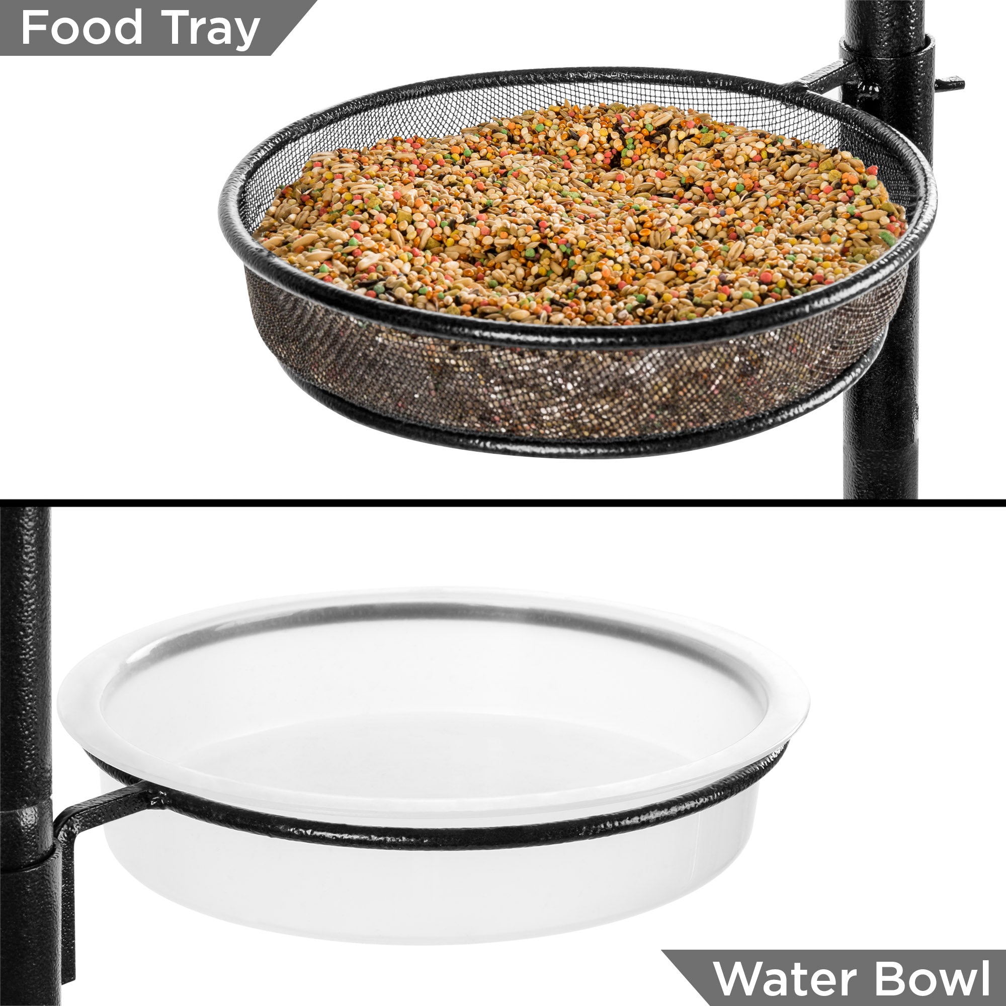 SUGIFT 91in 4-Hook Bird Feeding Station, Steel Multi-Feeder Stand w/ 2 Feeders, Tray, Bird Bath - Black