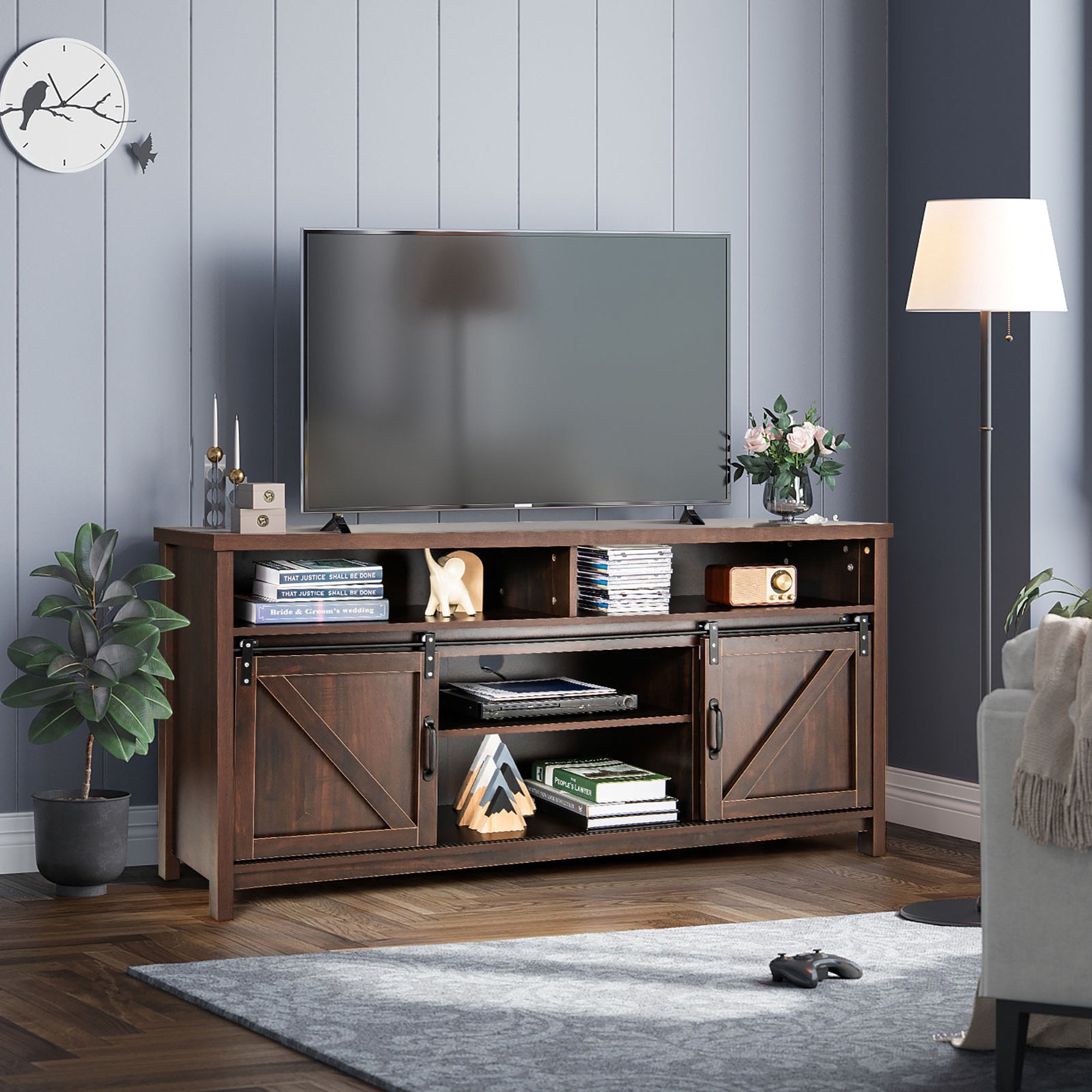 SUGIFT 59 Inch TV Stand with Sliding Double Barn Door for TVs up to 65 Inch Brown