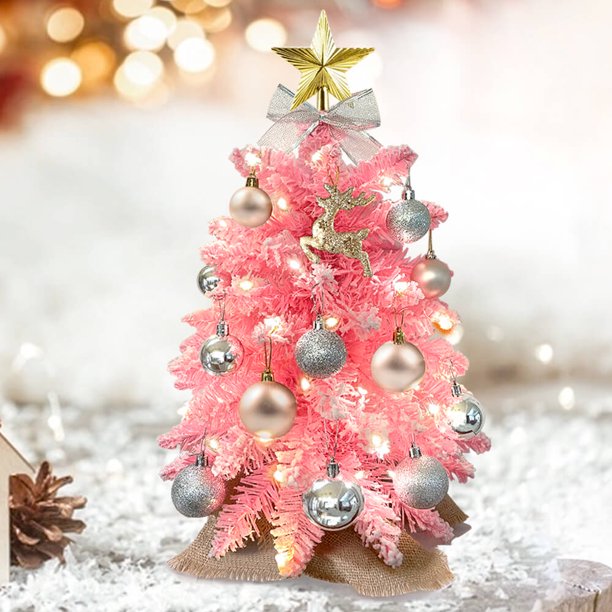 SUGIFT Exquisite Christmas Tree with Lights, 2ft Small Tabletop Mini Pink Artificial Xmas Tree with Christmas Ornaments