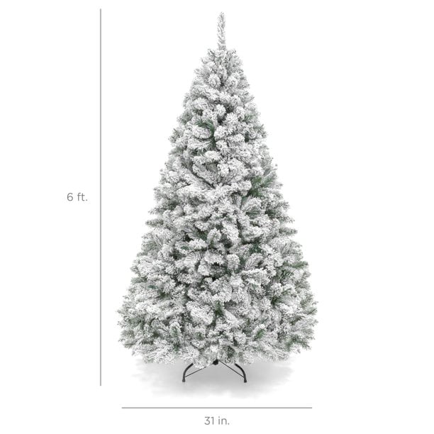 SUGIFT 6ft Artificial Snow Decorated Flocked Hinged Christmas Tree with Metal Stand, White