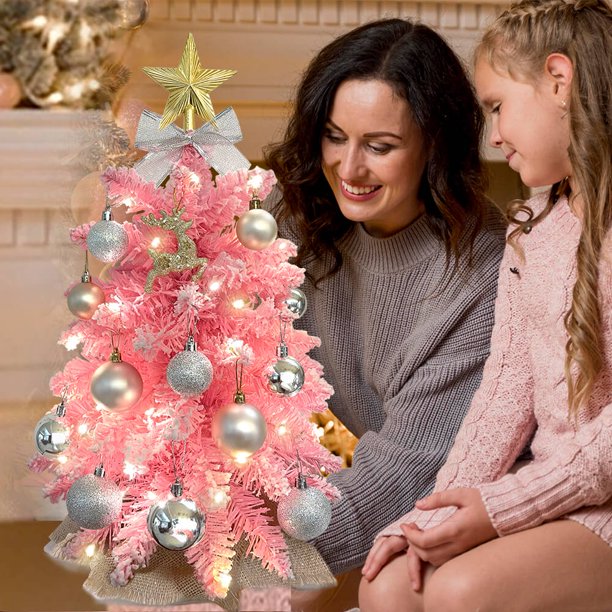 SUGIFT Exquisite Christmas Tree with Lights, 2ft Small Tabletop Mini Pink Artificial Xmas Tree with Christmas Ornaments