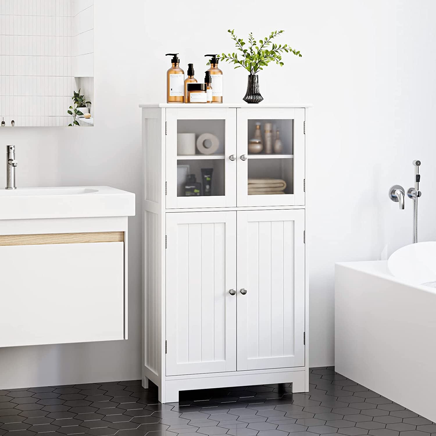 SUGIFT Storage Cabinet Wooden Floor Cabinet with Adjustable Shelves, White