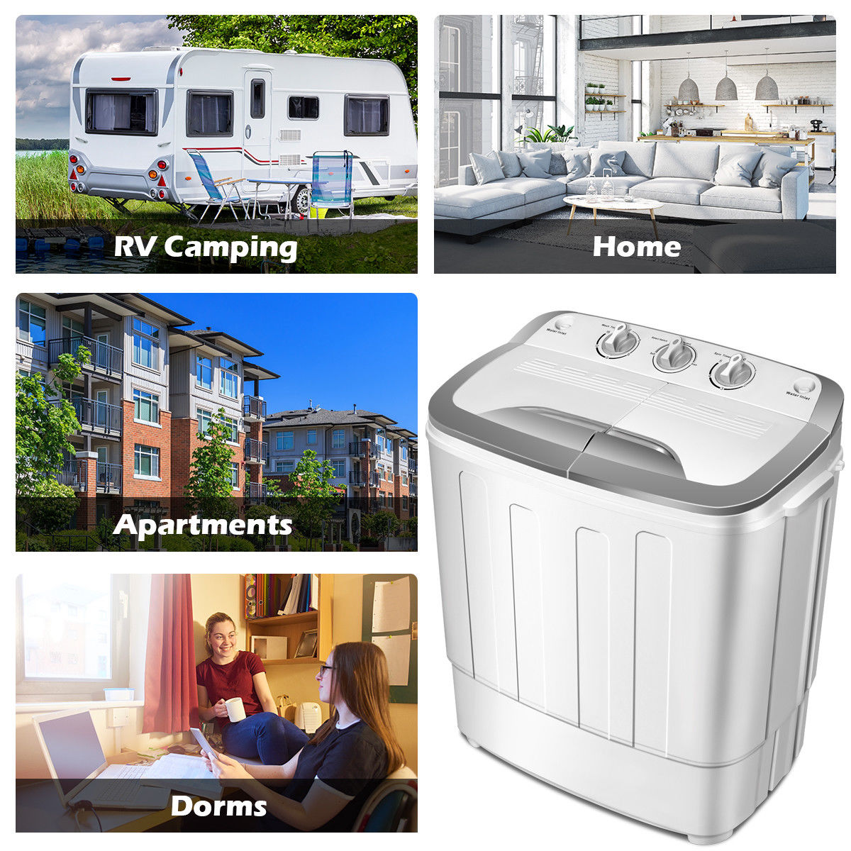 SKONYON Portable Compact Mini Twin Tub Washing Machine w/Wash and Spin Cycle, Built-in Gravity Drain, 13lbs Capacity For Dorms, College Rooms
