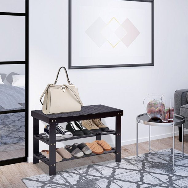 SUGIFT 3-Tier Shoe Shelf Bamboo Shoe Bench Holds