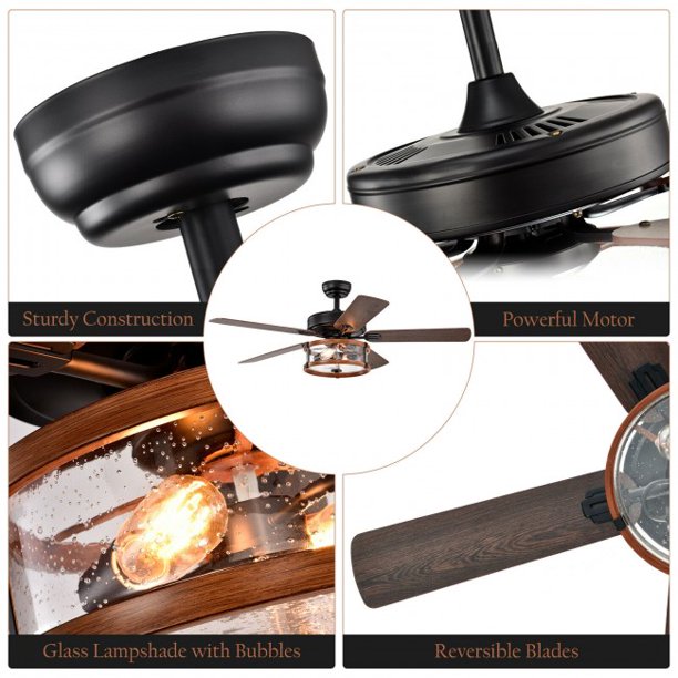 52 Inch Retro Ceiling Fan Lamp with Glass Shade Reversible Blade Remote Control
