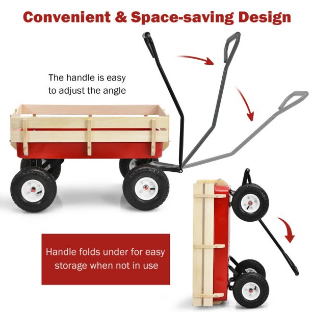 SUGIFT Outdoor Wagon Pulling Children Kid Garden Cart with Wood Railing