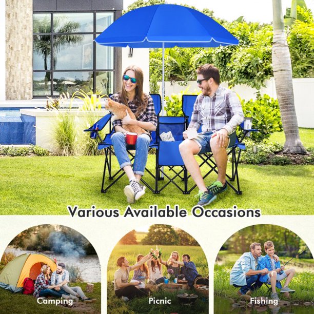 Portable Folding Double Chair With Umbrella Picnic Fishing Camping Beach