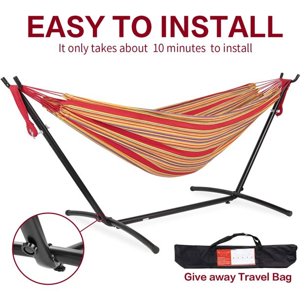 2-Person Hammock with Space Saving Steel Stand Garden Yard Outdoor 450lb Capacity Double Hammocks and Portable Carrying Bag (Red)