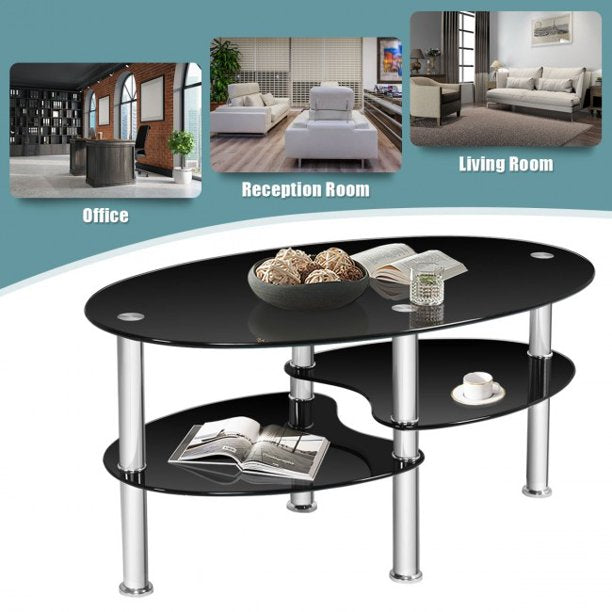 Tempered Glass Coffee Table Oval Side Desk Modern End Table