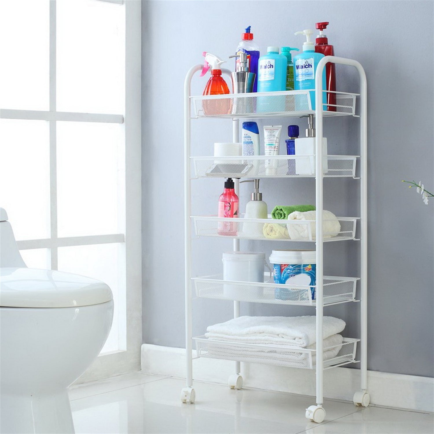 SUGIFT Five Tiers Storage Cart Honeycomb Mesh Storage Trolley with Hook Ivory White