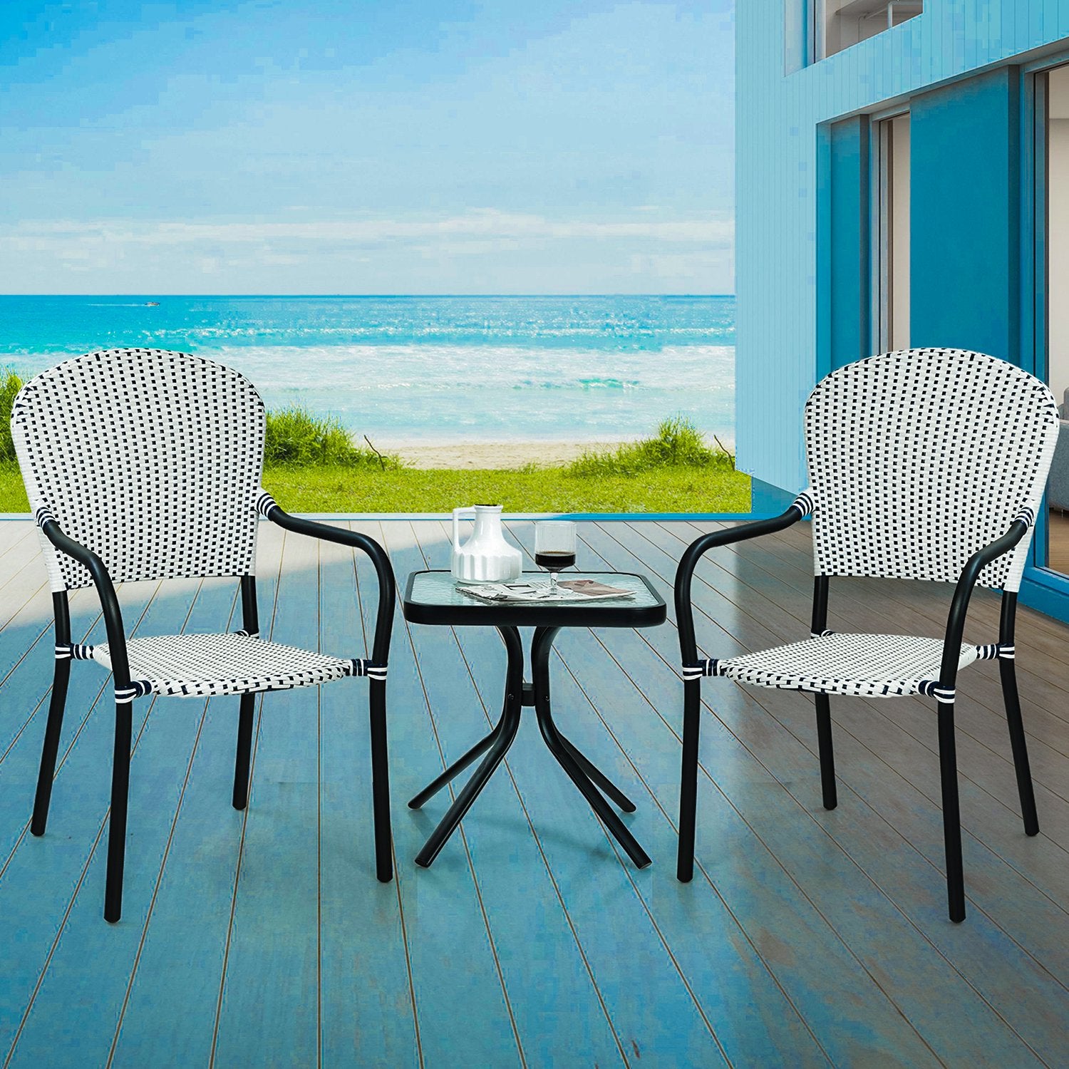 SUGIFT Patio Wicker Rattan Dining Chairs Set of 4 White Blue