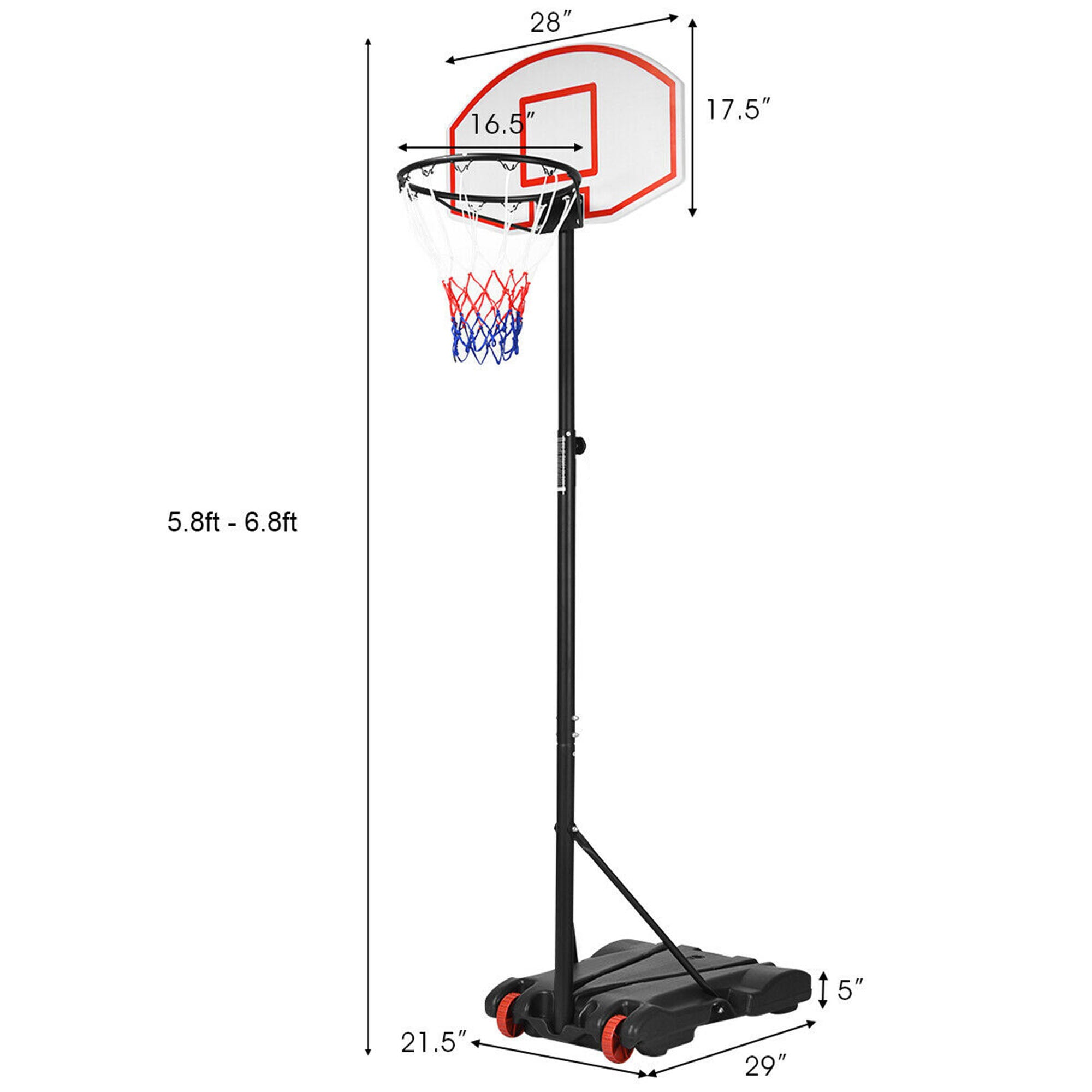 29 in. Kids Portable Adjustable Basketball Hoop Stand with Wheels