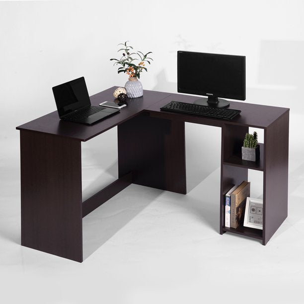 Corner Computer Desk L Shape Desk Home Office Corner Desk L Computer Desk Workstation with 2 Storage Shelves and Hutches