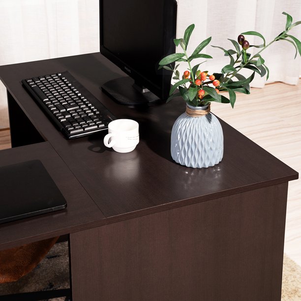 Corner Computer Desk L Shape Desk Home Office Corner Desk L Computer Desk Workstation with 2 Storage Shelves and Hutches
