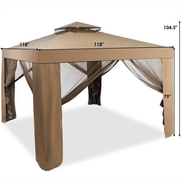 SUGIFT 10x10 Ft Outdoor Gazebo Patio Tents Garden Canopy Shelter W/ Netting, Brown