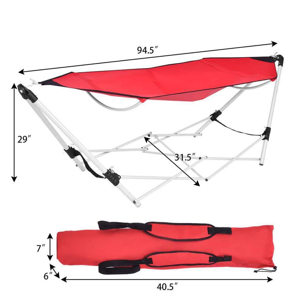 7.9 ft.. Outdoor Portable Folding Steel Frame Hammock Bed with Bag in Red