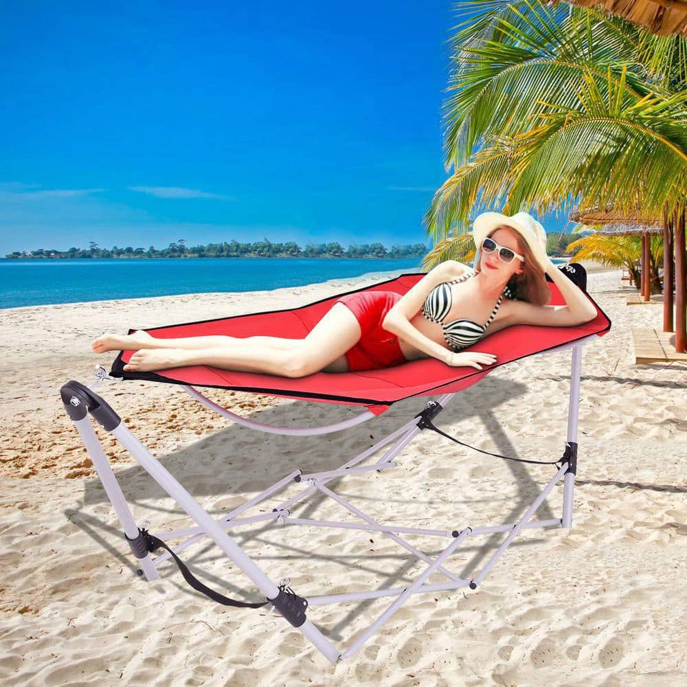 7.9 ft.. Outdoor Portable Folding Steel Frame Hammock Bed with Bag in Red
