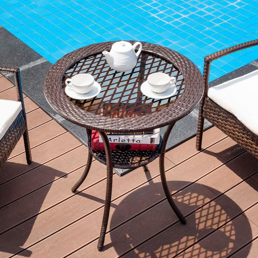 26 in. Brown Round Wicker Outdoor Patio Coffee Table With Lower Shelf