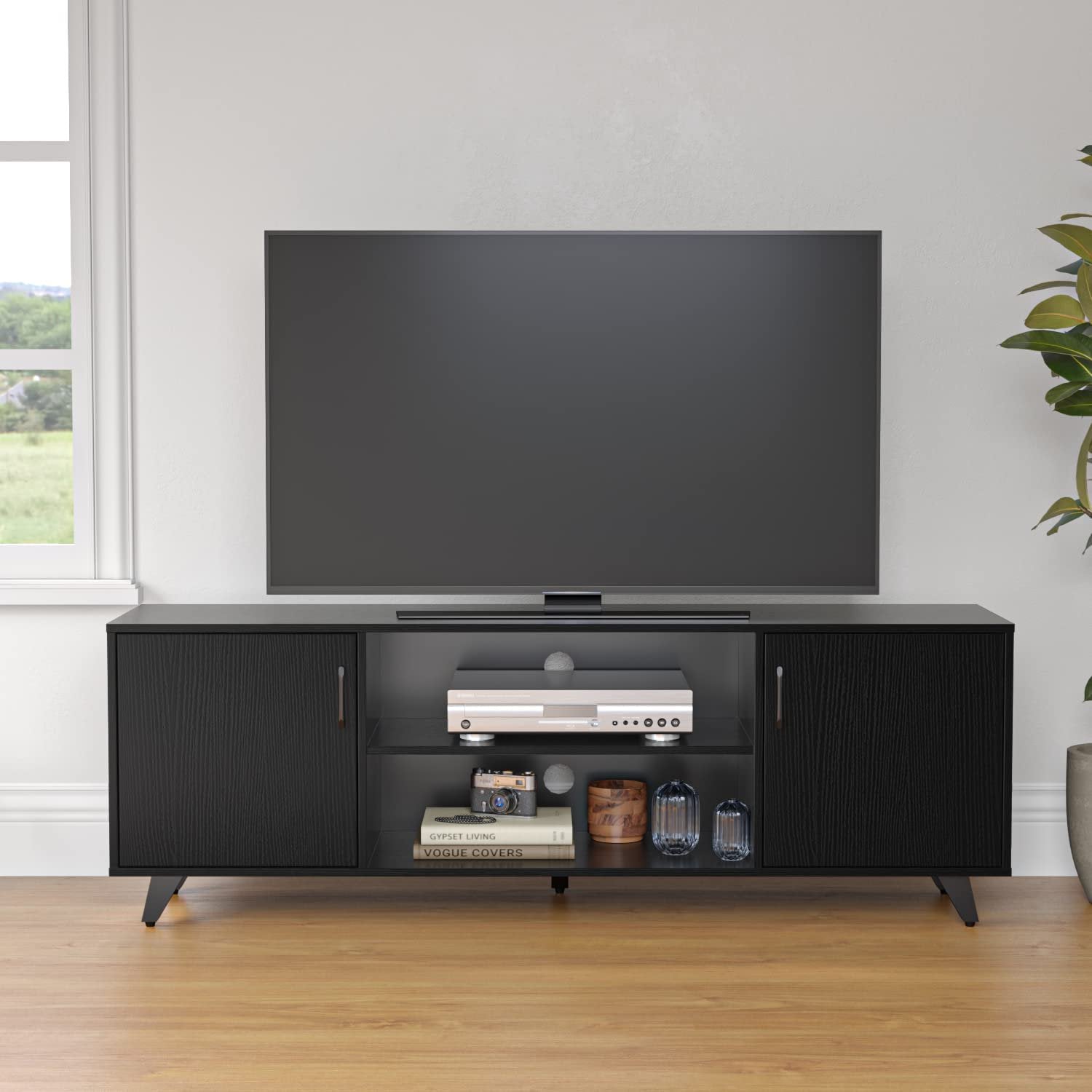 Modern TV Stand for 55 inch, Home Entertainment Center Console for Media with Storage, Retro Wooden TV Stand for Living Room/Bedroom (Black)