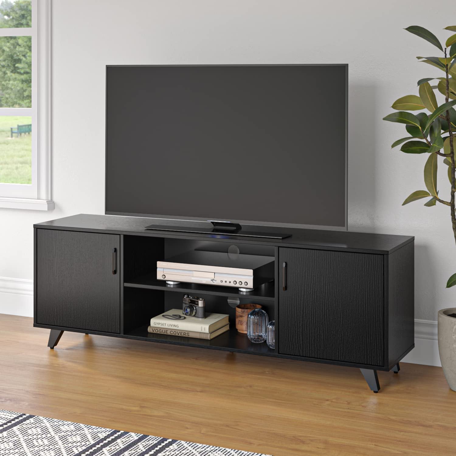 Modern TV Stand for 55 inch, Home Entertainment Center Console for Media with Storage, Retro Wooden TV Stand for Living Room/Bedroom (Black)