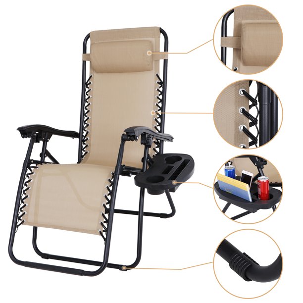 SUGIFT Set of 2 Adjustable Zero Gravity Lounge Reclining Chairs, W/ Cup Holder Tray & Pillow, Foldable, MAX 330LBs, 2PCS, Beige