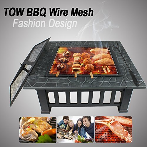 SUGIFT 32" Outdoor Fire Pit Square Metal Firepit Backyard Patio Garden Stove Wood Burning Fire Pit W/Rain Cover, Black