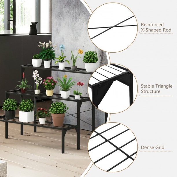 SUGIFT 3 Tier Plant Storage Outdoor Metal Heavy Duty Modern for Multiple Plant Display Stand Rack