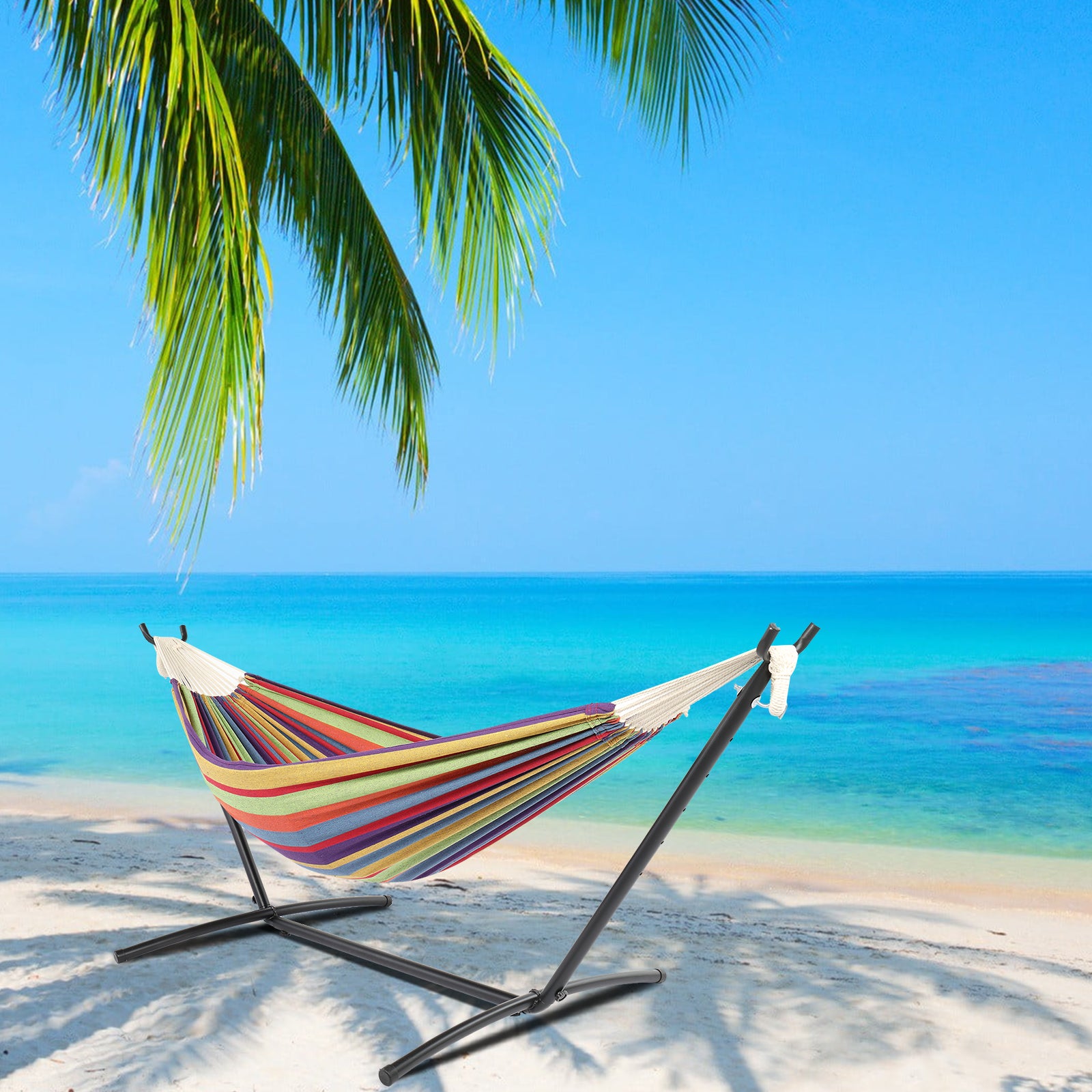 SUGIFT 9 ft Hammock Set, Black Steel Tube Hammock Frame, with 78.7 x 59 inches Polyester-Cotton Small Color Striped Hammock