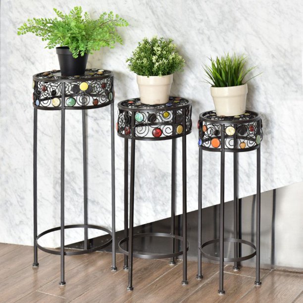 SUGIFT Plant Stand Storage 3 Pieces Round Display Ceramic Beads Metal Plant Stand